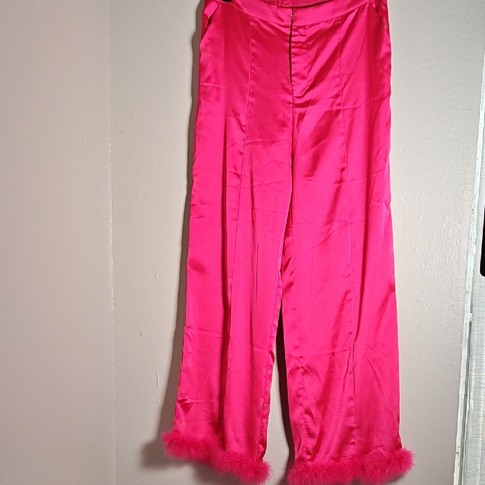 Forever 21 Fuchsia Satin Pants with Feather Detail